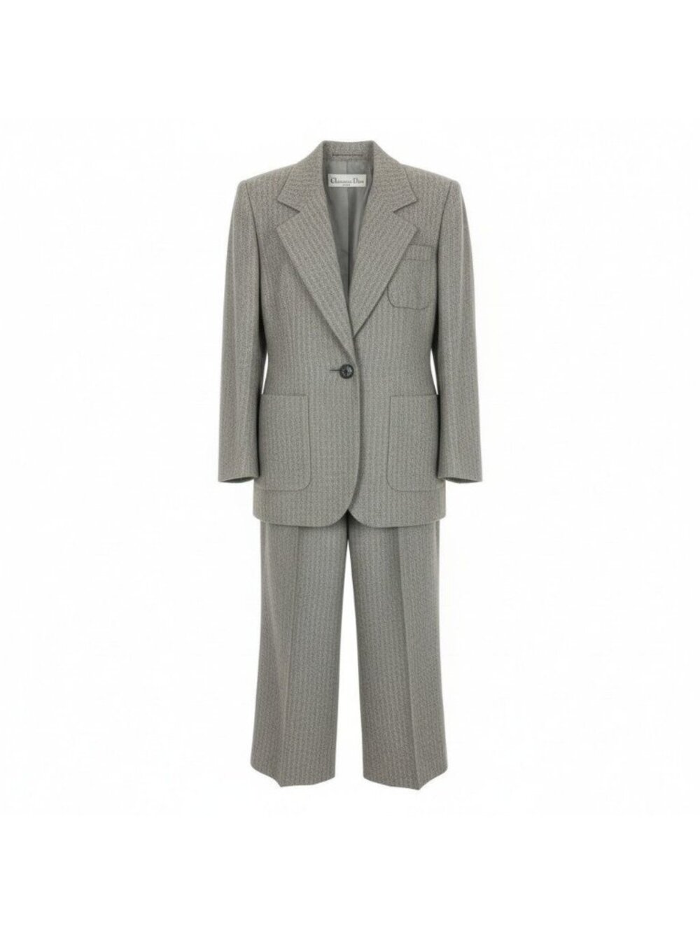 Dior Set Tailored Jacket High Waist Pants Herringbone Pattern Gray